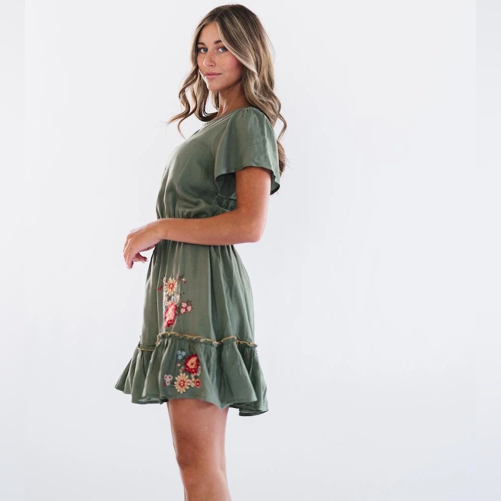 FEHRNVI Cammy Short Sleeve Floral Embroidered Dress Olive Green Cottage Large - Picture 6 of 16